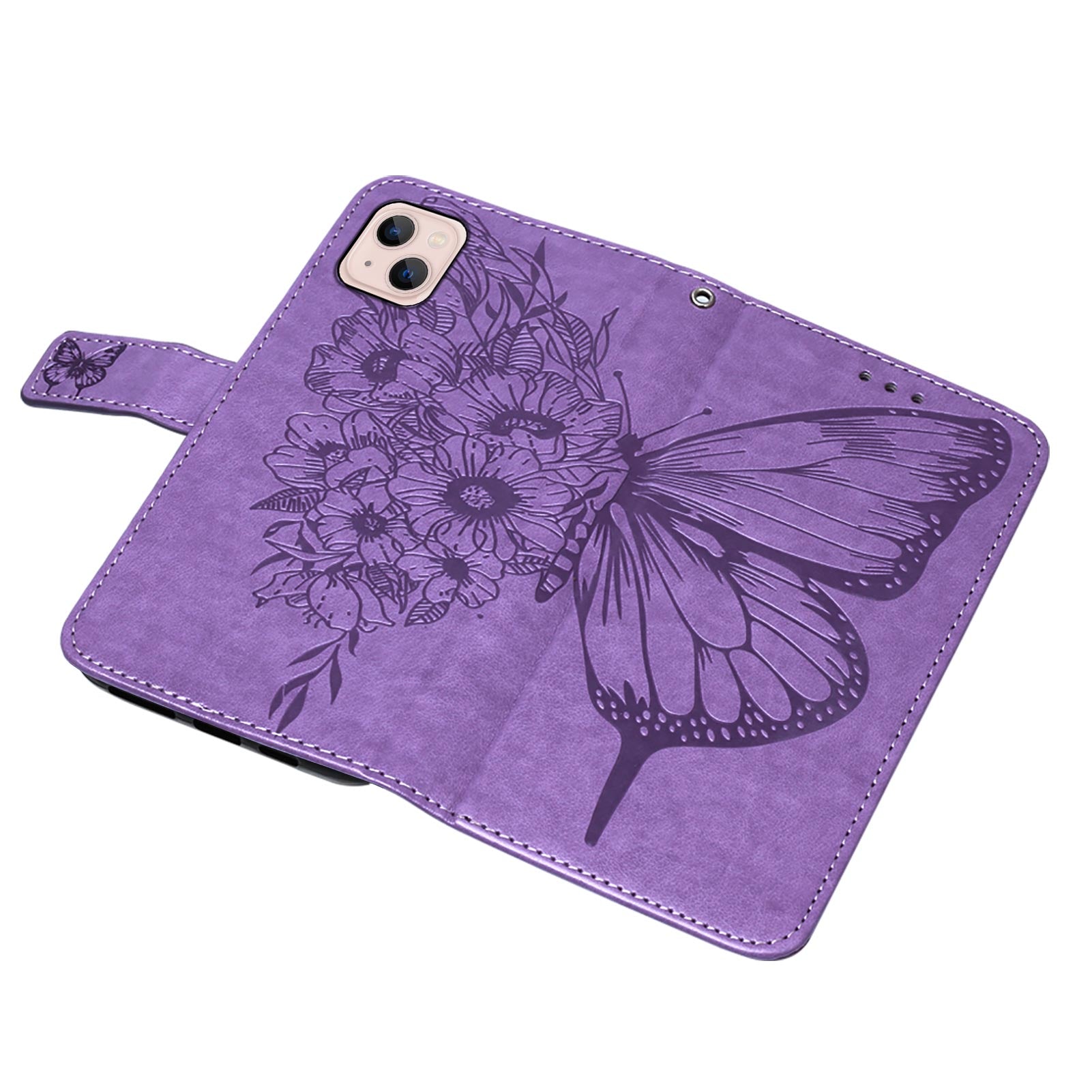 YB Imprinting Series-4 For iPhone 15 Plus Wallet Butterfly Flower Imprinted Cover PU Leather Stand Phone Case with Hand Strap - Purple YB Imprinting Series-4 For iPhone 15 Plus Wallet Butterfly Flower Imprinted Cover PU Leather Stand Phone Case with Hand Strap - Purple
